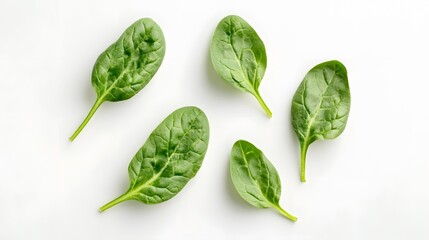 Obraz premium Fresh green healthy spinach on white background, top view. 