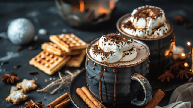 Warm and inviting, this features two mugs of rich hot chocolate topped with fluffy marshmallows and cocoa powder, surrounded by festive treats like waffles and cookies, perfect for cozy winter