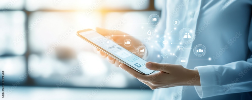 Aufkleber a professional individual using a tablet device for digital communication and data analysis in a mod