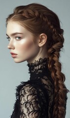 Fototapeta premium A young woman with long braided hair wearing a black
