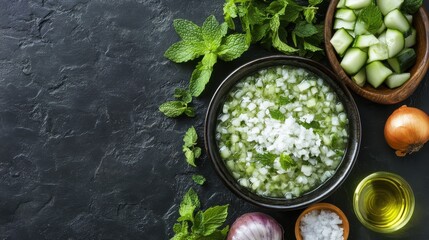 Cucumber gazpacho soup with fresh mint leaves, onions, and olive oil, refreshing and healthy dish