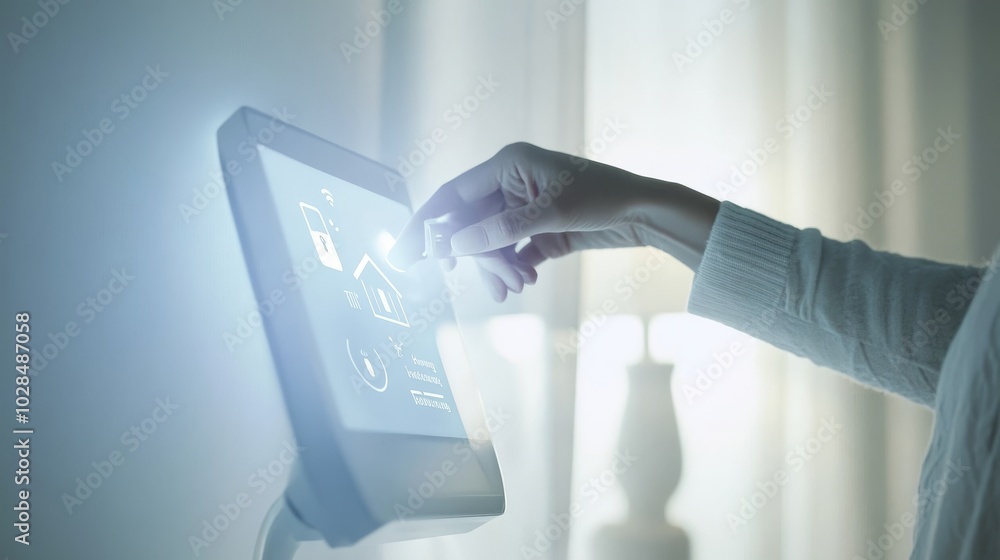 Poster a close-up of a hand interacting with a futuristic touchscreen device in a softly lit environment, s