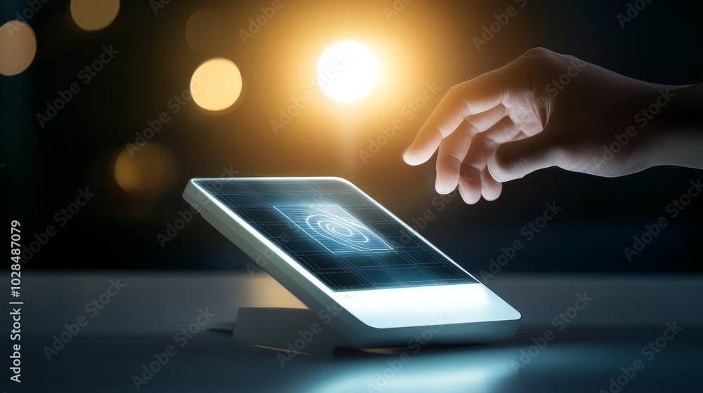 Poster a hand interacting with a glowing touchscreen device in a dark setting, showcasing technology and mo