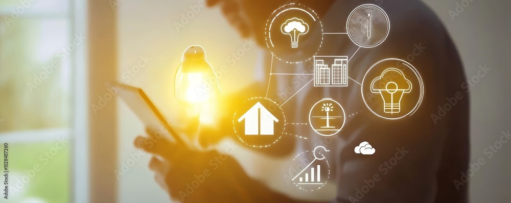 Poster a person interacts with digital icons representing technology, innovation, and data management in a 