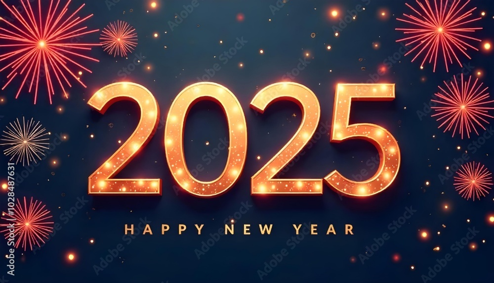 Wall mural 2025 happy new year celebration card background with fireworks and glitter