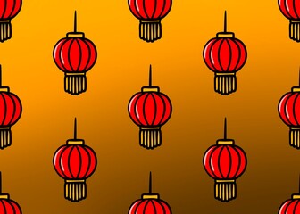 Seamless pattern with red Chinese lantern. Chinese New Year pattern on orange background. Red hanging lantern. 