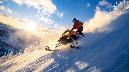 A snowmobile rider climbing a steep snowy hill with the sun low on the horizon casting long shadows.