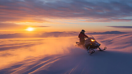A snowmobile rider cresting a dune of snow in a windswept arctic landscape with the sun setting low on the horizon.