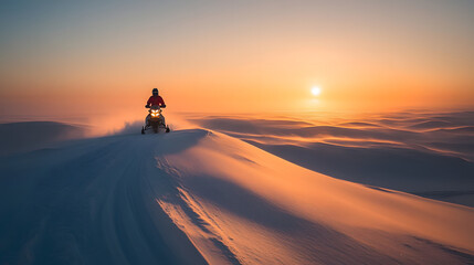 A snowmobile rider cresting a dune of snow in a windswept arctic landscape with the sun setting low on the horizon.