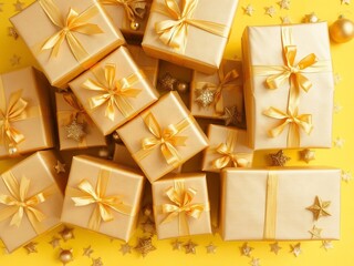 a pile of gold gift boxes with gold bows.