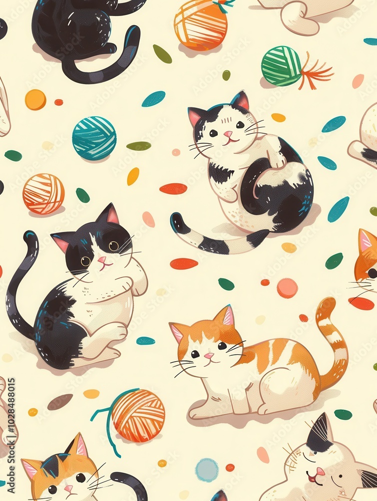 Aufkleber Several cats chase and interact with vibrant balls and yarn, creating a lively atmosphere while having fun. Generative AI