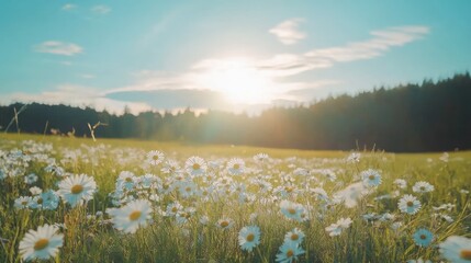 Sunny Chamomile Field in Full Bloom on a Summer Meadow