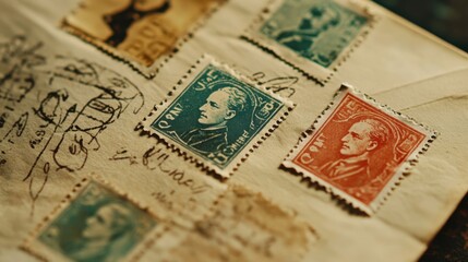 Macro shot of rare stamps from the early 20th century, focusing on the perforations and color details, placed on an old envelope.