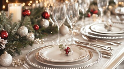 Beautifully decorated table with elegant holiday dinnerware. Christmas luxurious tableware, festive background, decorated Christmas tree lights. Xmas table setting. Wallpaper, poster