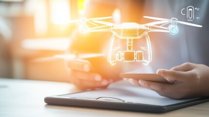 Innovative technology meets user interface as a person operates a drone with a smartphone, showcasing modern connectivity and design.
