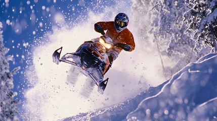 A snowmobile rider in mid-jump off a snow-covered hill with snowflakes sparkling in the air.
