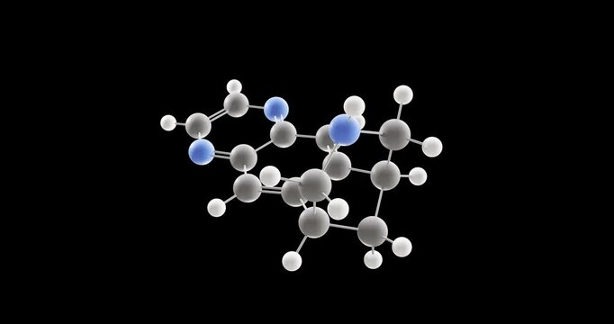 Varenicline molecule, rotating 3D model of miscellaneous, looped video on a black background