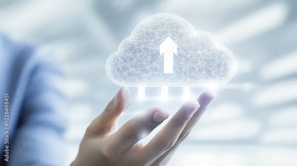 Poster a hand holding a glowing cloud symbol, representing cloud computing and data upload, with a bright a