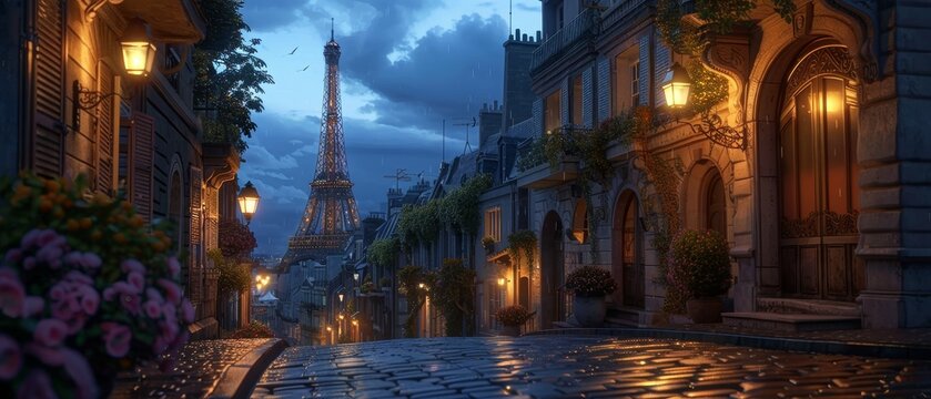Fototapeta Romantic Evening Street Scene in Paris City