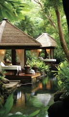 Fototapeta premium Two thatched roof cabanas with beds beside a pond.