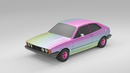 Cool looking old fashion car, studio render on white background. Bright modern car design. 3d illustration.