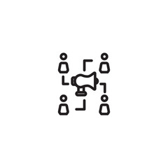 A megaphone connecting with a group of people, representing communication and interaction within a community. Editable icon.
