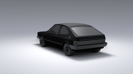 Cool looking old fashion car, back view studio render on white background. Modern car design. 3d illustration.
