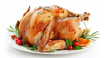 Delicious roasted turkey garnished with fresh herbs, cranberries, and orange slices, perfect for festive celebrations and family gatherings