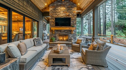 Charming rustic interior of an outdoor living area featuring stone and wood paneling, with a cozy fireplace, comfortable couches, a dining table, chairs, and a wall-mounted TV illuminated by natural l