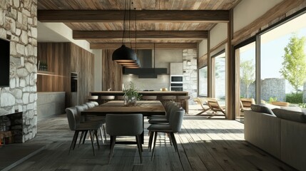 Modern kitchen with wooden beams, stone walls, and a view of a garden