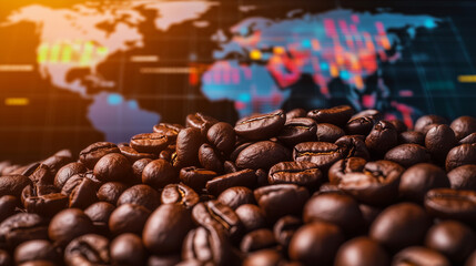 Obraz premium Close-up of coffee beans with a blank tag, placed on a colorful stock market chart background, symbolizing the connection between coffee trade and global markets.