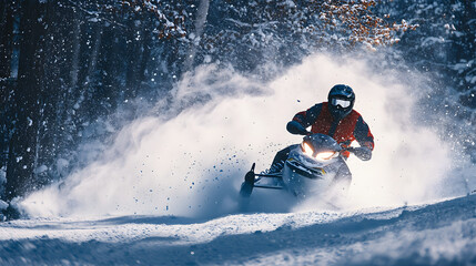 Naklejka premium A snowmobile rider making a sharp turn on a groomed trail sending snow flying in a dramatic spray.