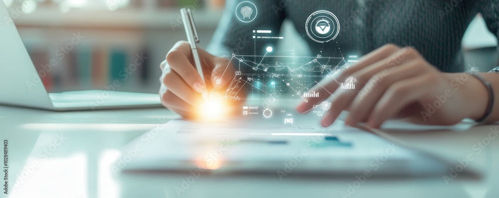 Poster a person uses a digital pen to create graphics with futuristic technology concepts on a workspace, b