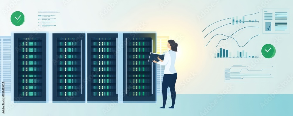 Poster a technician managing data servers in a modern data center, surrounded by technology and performance