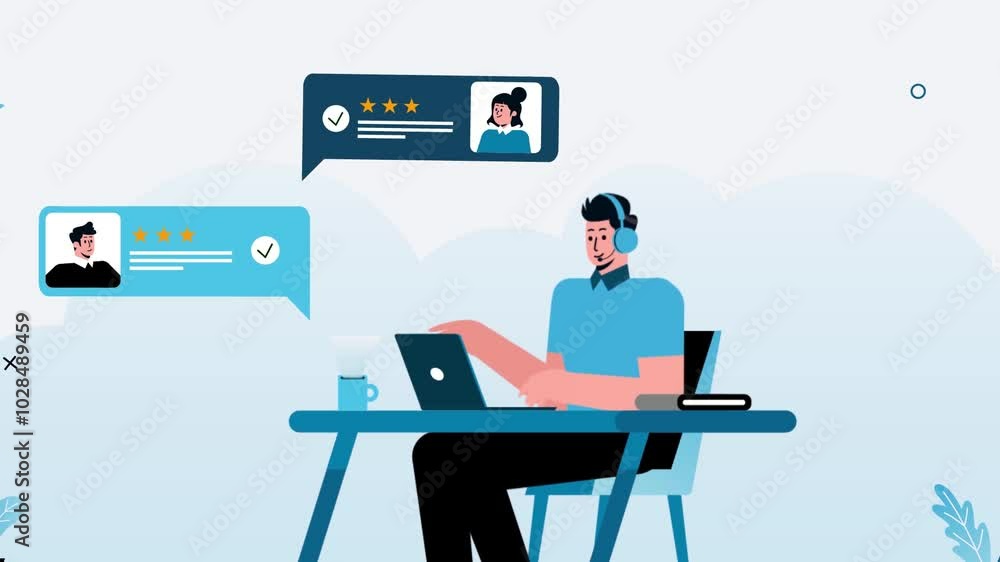 Poster data analysis cartoon animation man using a laptop, data analyzing specialist background