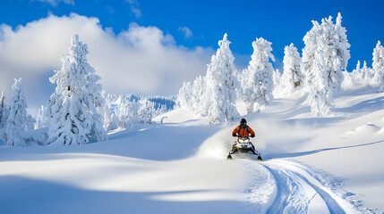 A snowmobile rider making fresh tracks in deep powder on a remote backcountry slope with no one else in sight.