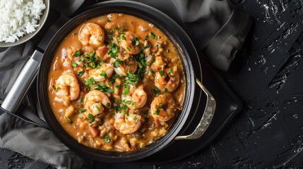 Delicious shrimp dish served in black pot, garnished with fresh herbs, accompanied by bowl of white rice. vibrant colors and rich textures create inviting meal experience