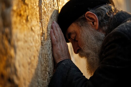 A Jewish rabbi deep in prayer at the Western Wall in Jerusalem
