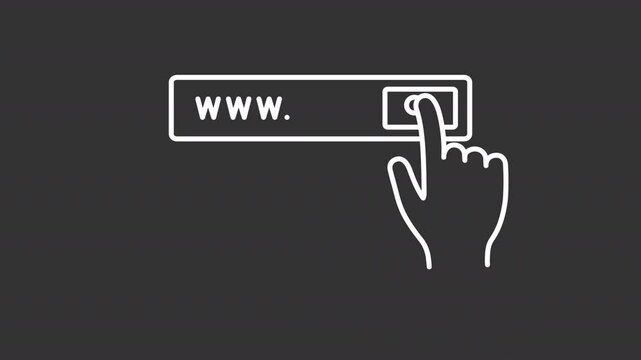Website search white line animation. Browser interface animated icon. Scaling letters, moving hand. Isolated illustration on dark background. Transition alpha video. Motion graphic