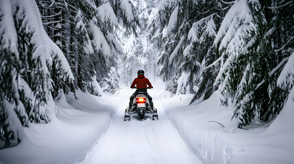A snowmobile rider navigating a narrow trail through a snow-covered forest with trees heavy with fresh snow.