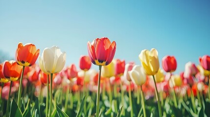 Fototapeta premium 142. A vast field of tulips blooming under a clear spring sky