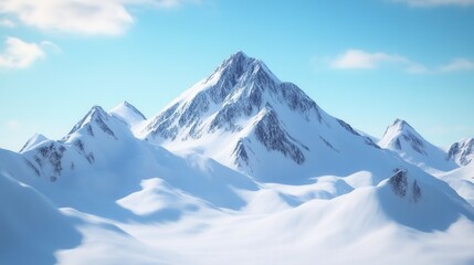 A snow-covered mountain peak with a clear blue sky, the sharp ridges and bright snow creating a sense of awe and adventure