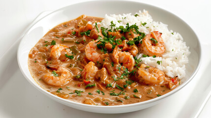 Fototapeta premium Delicious shrimp gumbo served with fluffy white rice, garnished with fresh herbs, showcasing rich blend of flavors and textures that evoke warmth and comfort