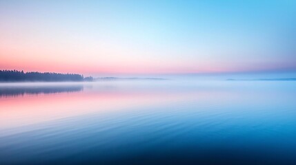 Fototapeta premium Drifting fog over a still lake at dawn, foggy weather, calm and ethereal
