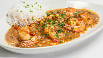 Delicious shrimp served in savory sauce with fresh herbs, accompanied by fluffy white rice, creating mouthwatering dish that is both flavorful and satisfying