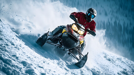 A snowmobile rider navigating a steep icy incline with chains on the tires for extra grip.