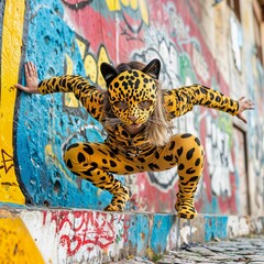 Teenage girl in a spotted leopard costume squatting down on the graffiti street background. Quadrobics, all fours activity and quads subculture concept. Lifestyle shot for poster, demonstration