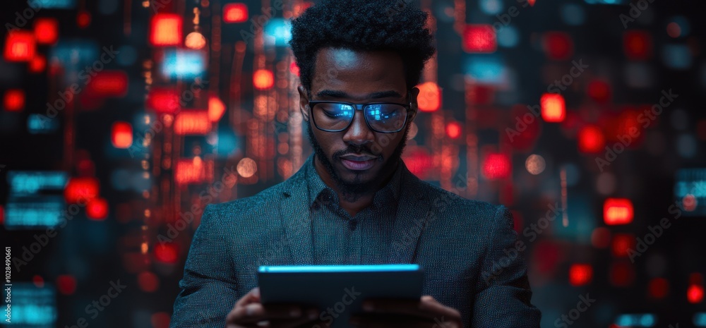Poster focused man using tablet in a technological setting