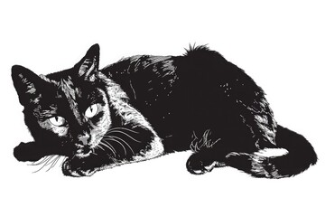 A black and white graphic illustration of a relaxed cat lying down