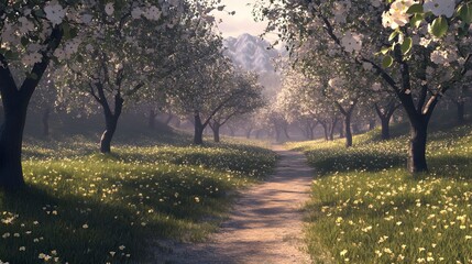 143. A peaceful orchard in bloom, with empty paths lined by trees